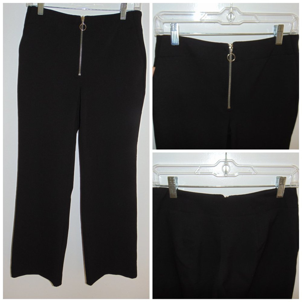 Women's H&M Woven Black Metal Zipper 70's Retro Straight Leg Pants Slacks 8
